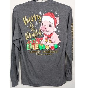 Simply Southern Collection Merry Bright Pig Christmas Long Sleeve Top‎ - Medium